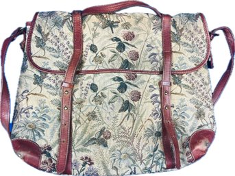 Vintage Tapestry English Saddle Bag Style Bag With Leather Trap & Fittings