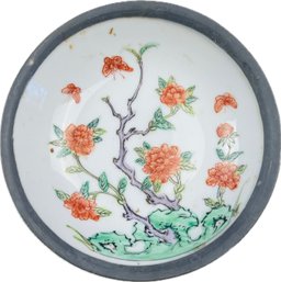 Vintage Japanese Porcelain Ware With Pewter Tone Clad Base - Paper Label On Base