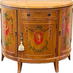 Demilune Beverage Cabinet - Satinwood Design, Splayed Feet, Sheraton Style Painted Details, Brass Fittings