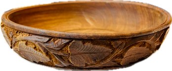 Deeply Carved Wooden 7.5' Bowl - Shallow Form - Signed With Carved Leaf Imprint On Base