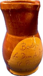 Spanish Glazed Redware 7' Pitcher With Writing 'Bodega La Dama De Barro El Perdigon'