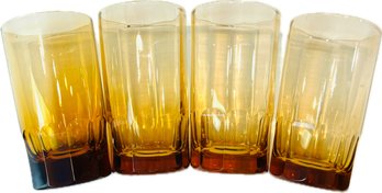 Vintage Amber Glass Tumblers With Angular Faceted Base