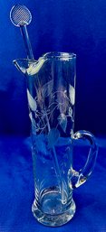 Mid-Century Crystal Barware - Linear Glass Pitcher With Etched Leaf Design Plus Blown Glass Stirrer