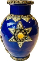 Kasbah Moroccan Vase - Embellished Metal & Carved Bone Accents - Clay Fired Cobalt Glaze