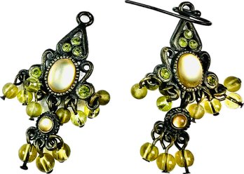 Gold Tone Dangle Earrings With Yellow Stone & Beaded Accents