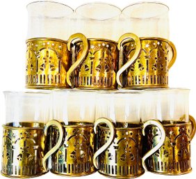 Vintage Brass & Glass Mugs With Christmas Bell Cut-out Design - Charming Set