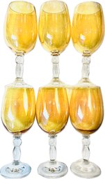 Vintage Amber Iridescent Wine Goblets With Clear Bubble Stems