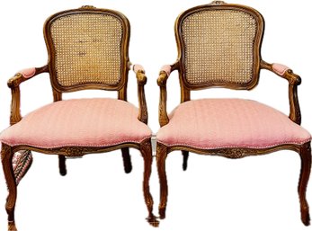 Vintage French Provincial Arm Chairs With Caned Backs, , Cabriole Legs, Floral Carvings, & Upholstered Seats