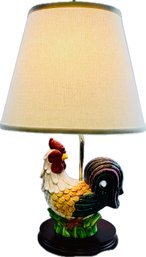 Ceramic Rooster Lamp On A Wooden Base With Brass Acorn Finial & Linen Shade