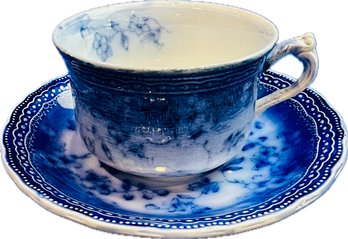 Antique English Flow Blue Staffordshire Cup & Saucer - Signed 'Splendid By SOCIETE CERAMIQUE'