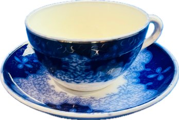 Antique German Porcelain Flow Blue Cup & Saucer - Signed 'Utzchneider Germany' Persian Moss Pattern Circa 1891