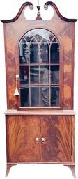 Sheraton Style Corner Cupboard - Open Pediment Swan's Neck, Arched True Divided Glass Cupboard, Splayed Feet