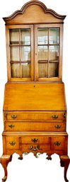 High Quality Queen Anne Style Three-Piece Bonnet Top Secretary - Signed 'Charak' - Lower Piece Tiger Maple