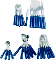 French Stainless Steel & Blue Resin Place Settings - Signed 'Made In France'