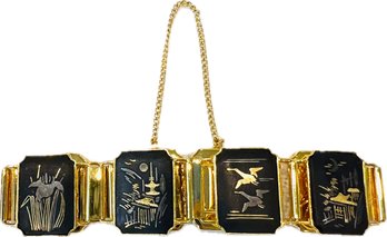 Vintage Amita Japanese Damascene Bracelet With Safety Chain - Signed 'Amita Japan'