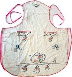 Handmade Vintage Apron - Cross-hand Stitched Teapot Imagery