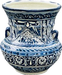 Large Hand-painted Ceramic Urn With Handles