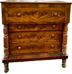 American Empire Mahogany Bureau - Carved Columns, Top Drawer Overhang, & High End Book-Matched Flame Mahogany