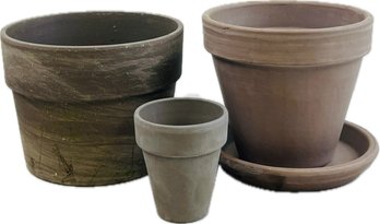 Three Clay Pots - One With Saucer