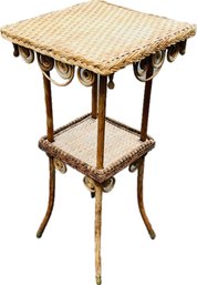 Antique American Wicker & Bamboo Accent Table - Splayed Brass Cap Feet