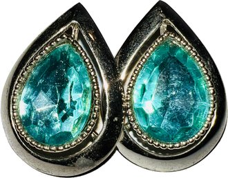 Vintage Silver Tone Clip-on Earrings With Center Faceted Synthetic Stones