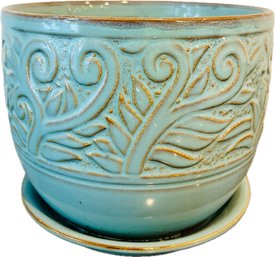 Ceramic Cache Pot & Matching Saucer - Glazed Exterior, Unglazed Interior