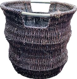 Large Woven Sweetgrass Rattan Ribbed Basket With Inset Metal Handles