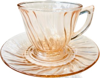 Depression Glass Tea Cup & Saucer - Pink Swirl Pattern