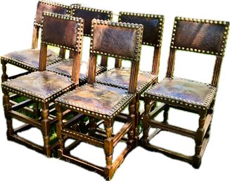 Jacobean Style Leather Tavern Chairs With Brass Studs & Trestle Bases