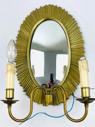 Vintage Double Arm Brass Wall Sconce With Starburst Frame & Central Mirror