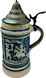 German Salt Glaze Beer Stein With Pewter Lid