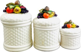 Ceramic Canisters - White Basket Weave With Fruit Topped Lids