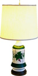 Porcelain Lamp With Linen Shade & Chinoiserie Brass Finial - Grapevine Pattern On Lamp Base