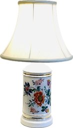 Porcelain Flowered Lamp With Fabric Shade & Brass Finial