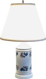 Porcelain Flowered Lamp With Fabric Shade & Brass Finial