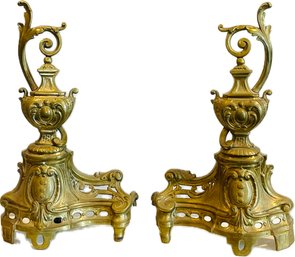 Brass Fireplace Andirons With French Ewer Style Finial Design