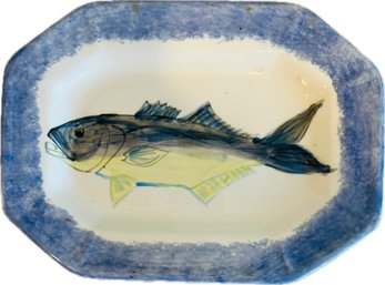 Hand Painted Pottery Plate - Signed 'Nantucket Blue Fish MPS 2/94'