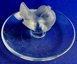 Lalique Crystal Trinket Holder With Bird Handle - Signed On Base 'Lalique Crystal France'