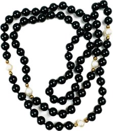 Black Onyx Beaded Necklace With Pearl & Gold Beaded Spacers