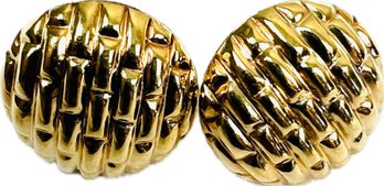 14K Gold Italian Pierced Earrings With Dome-Top Basketweave Design - Signed '14K Gold Italy'