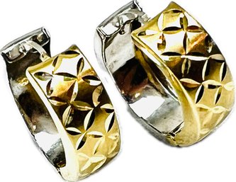 14K Gold Hinged Huggie Hoop Earrings  - Two-Tone Gold Diamond-Cut & Reversible - Signed 'RCI 14K'