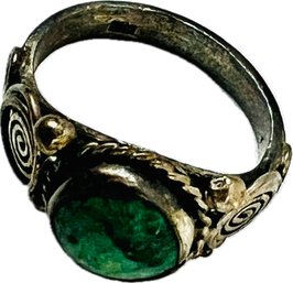 Sterling Silver Opaque Emerald Ring - Signed '925' - Aztec Influenced Desgin