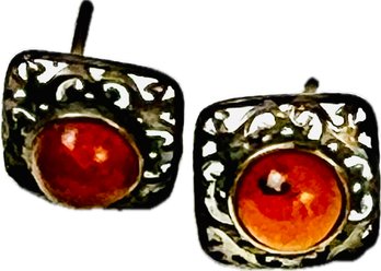 Baltic Amber & Reticulated Sterling Silver Earrings - Amber With Fossilized Inclusions