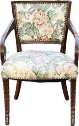 French Style Open Armchair With Tapestry Upholstery & Brass Tacking Detail