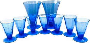 Vintage Blue Cobalt Flared & Ribbed Pattern Glasses