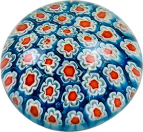 Millefiori Art Glass Paperweight Hand Blown Blue White & Red