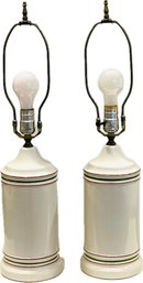 Pair Of Porcelain Lamps With Red/green Pinstripe