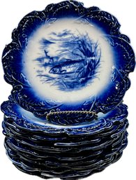 Outstanding Set Of Antique English Staffordshire Fish Plates With Scalloped Borders - Signed 'Stoke On Trent'