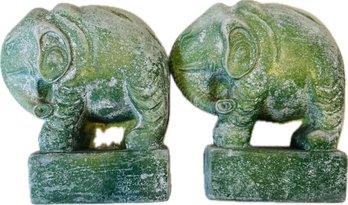 Vintage Carved Green Stone Elephant Bookends