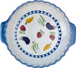 Hand Painted  Pottery Pie Plate With Fluted Rim & Handles - Signed 'Mesa International'